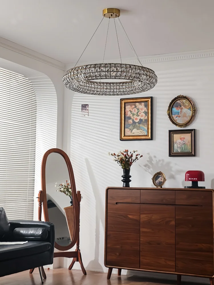 Luxury Round Led Pendant Lights Dimmable Vintage Chandelier Villa Living Dining Room Lighting Decor Double Layer Hanging Lamp