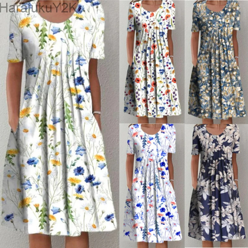 2024 New Spring And Summer Women's Elegant Large Skirt Round Neck Printed Short-sleeved Dress