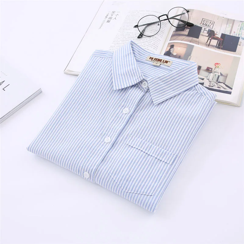 Cotton White Blue Pink Striped Shirt Women 2024 Spring New Simple Casual Lapel Long Sleeve Blouses & Tops Office Ladies Clothes