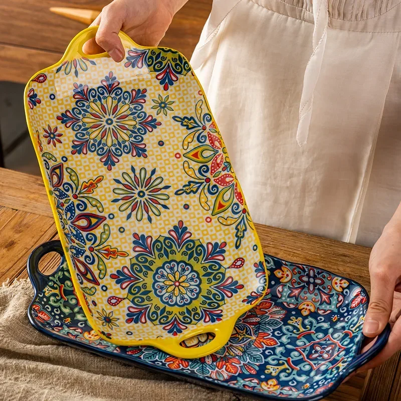 13in Bohemian double-eared fish plate household steamed fish plate large rectangular fish serving plate ceramic vegetable plate