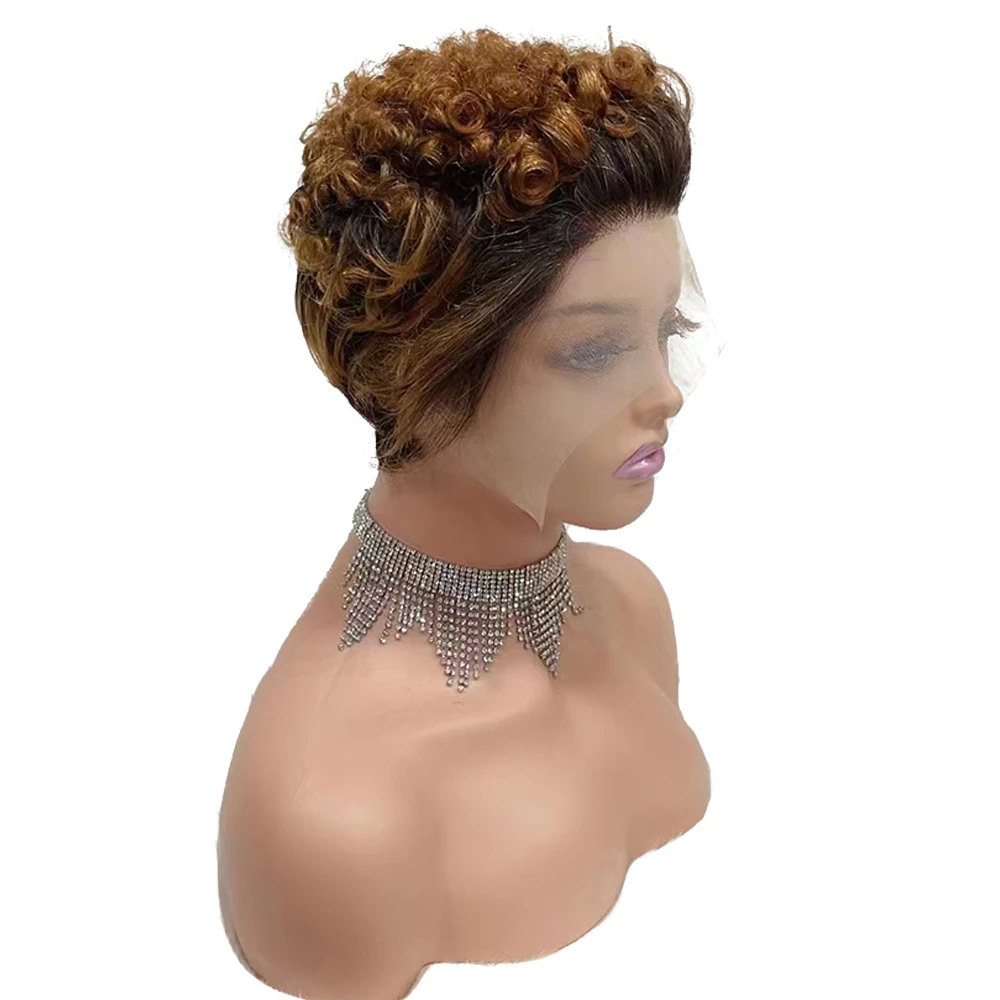 Fantasia pixie corte peruca de cabelo humano curto encaracolado perucas de cabelo humano para as mulheres barato 13x1 rendas frente malásia peruca afro sem cola peruca encaracolado