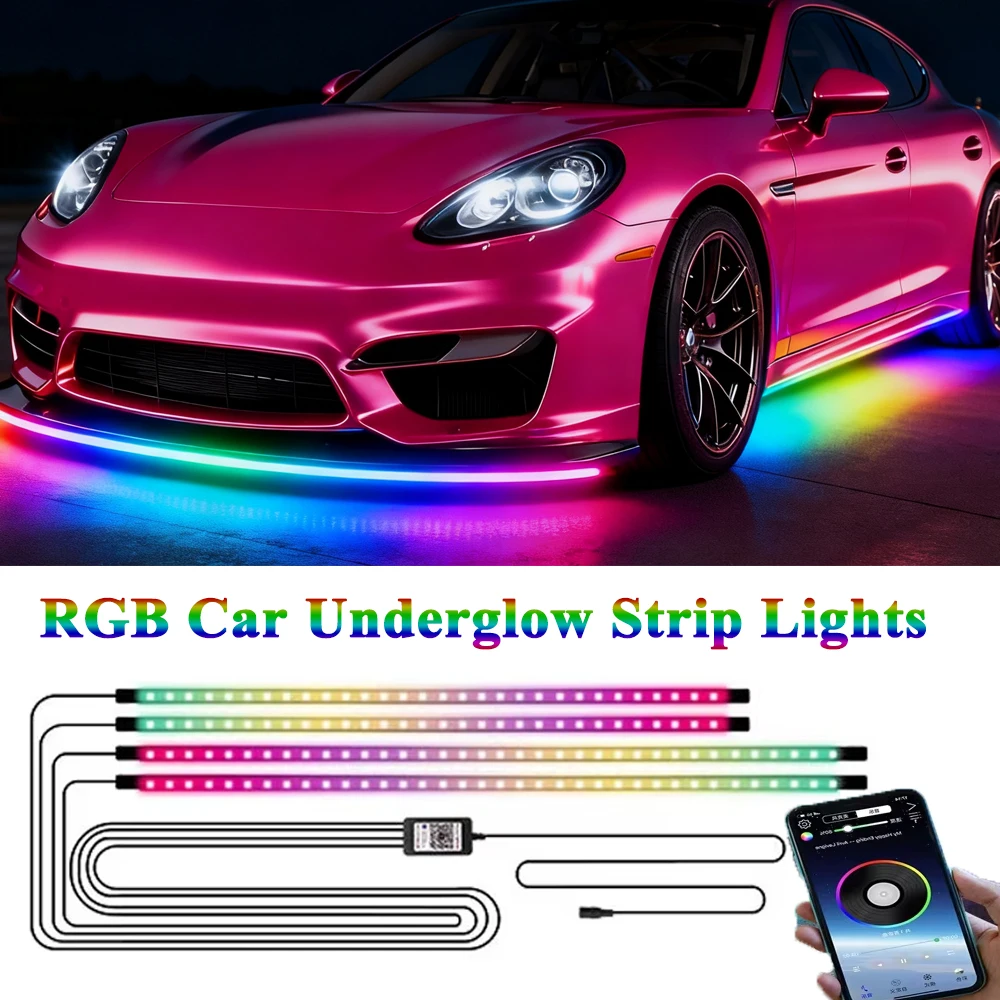 

RGB неоновые автомобильные подсвеченные светодиодные ленты, водонепроницаемые, с управлением через приложение, гибкая подвесная лампа для автоматической атмосферы для украшения автомобиля, 12 В