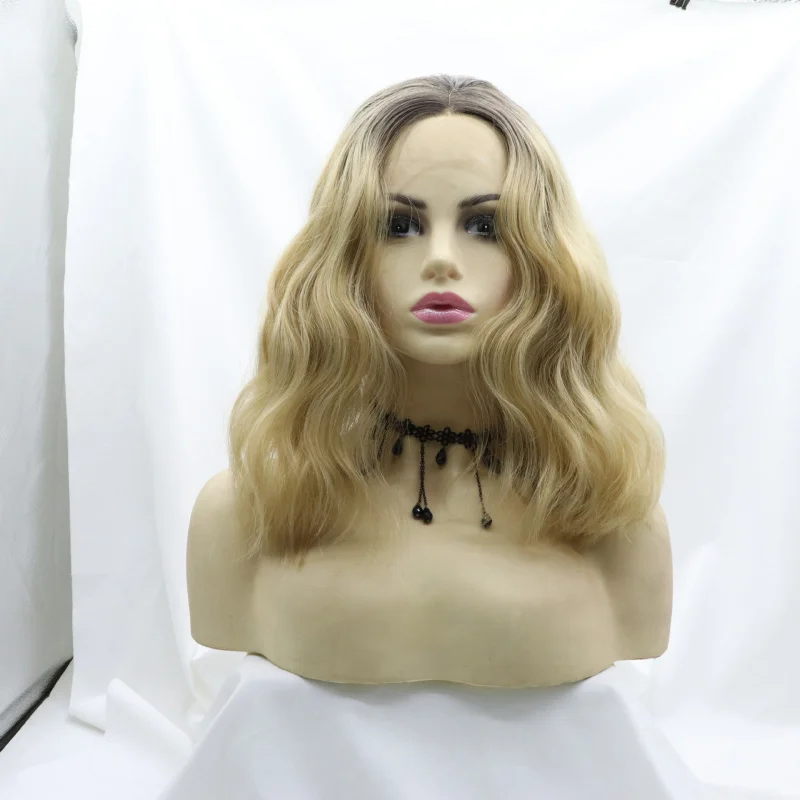Hand-crocheted front lace synthetic wig, matte high-temperature fiber, gradient collarbone-length hair wigs