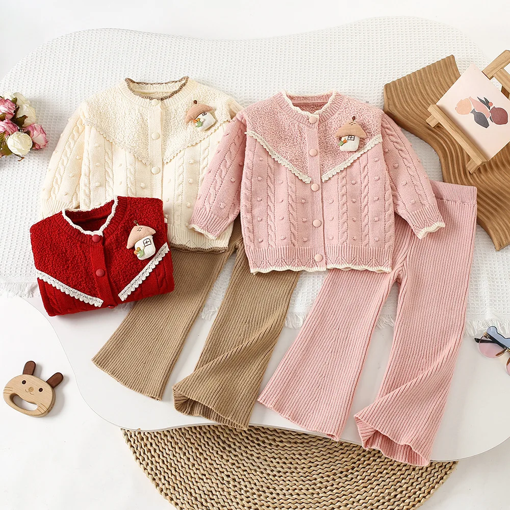 

Girls Knitted Clothes Sets Autumn Winter 2025 Children Woolen Jersey Sweaters Coats Pants 2pcs Cute Suit For Baby Outfits Kids 6