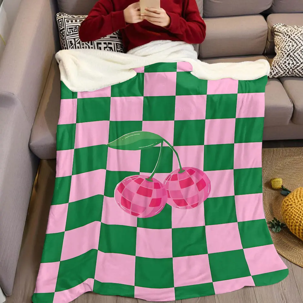 Pink Green Check Disco Cherry Flannel Blanket Warm Soft Halloween Christmas Decorative Couch Warm Cozy All-Season Gift