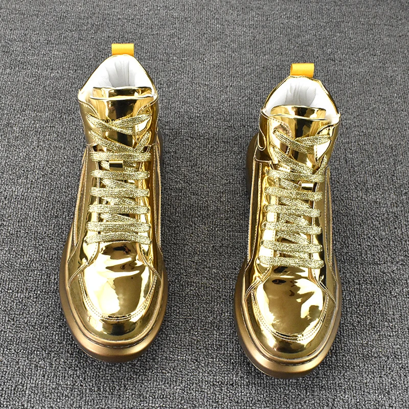 2024 Men\'s High Top Sports Shoes Fashion Shiny Leather Gold Silver Luxury Skateboard light soft Boots Sneaker high-quality