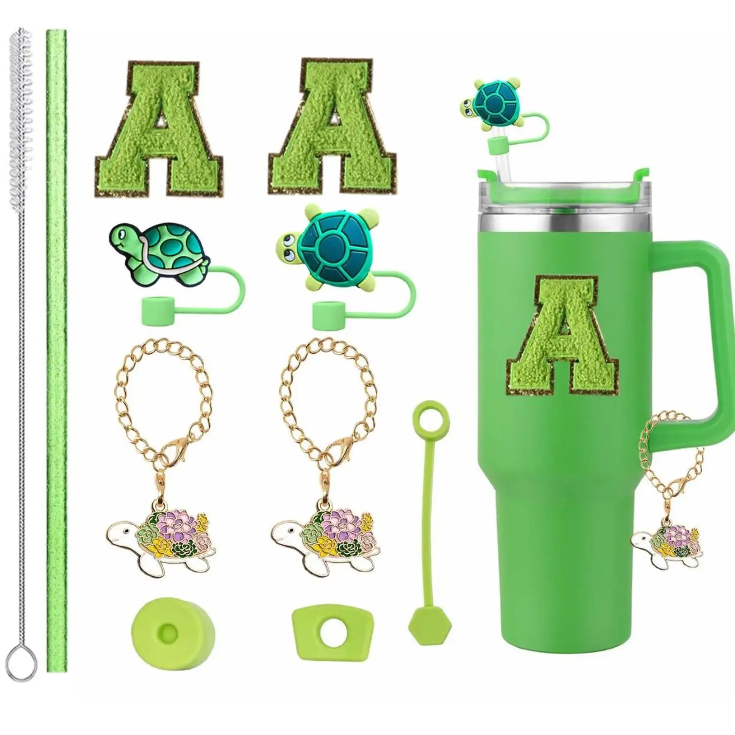 Silicone Turtle Straw Caps Leak-Proof Stoppers with Pendant And Cup Chain for Stanley Cups - Letter Stickers Included