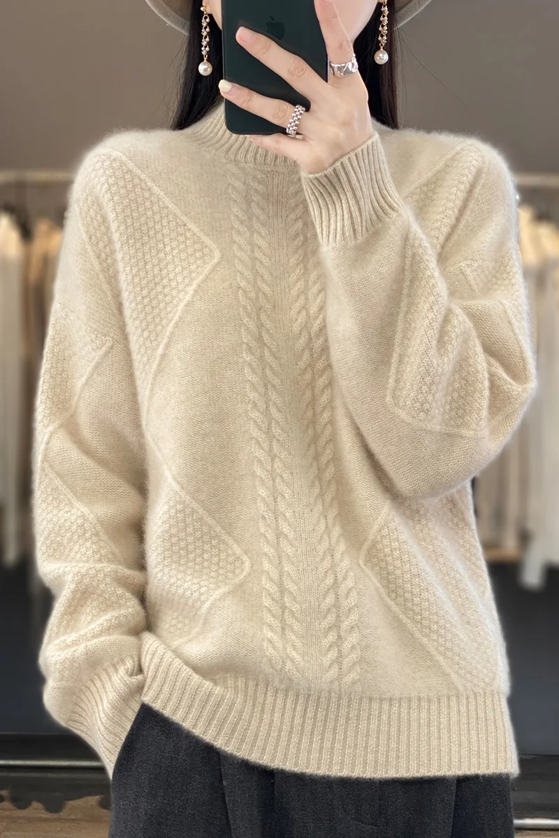 Fall/Winter new 100% Merino wool cashmere sweater Women's semi-turtleneck pullover Seven-pin warm bottom knit shirt top