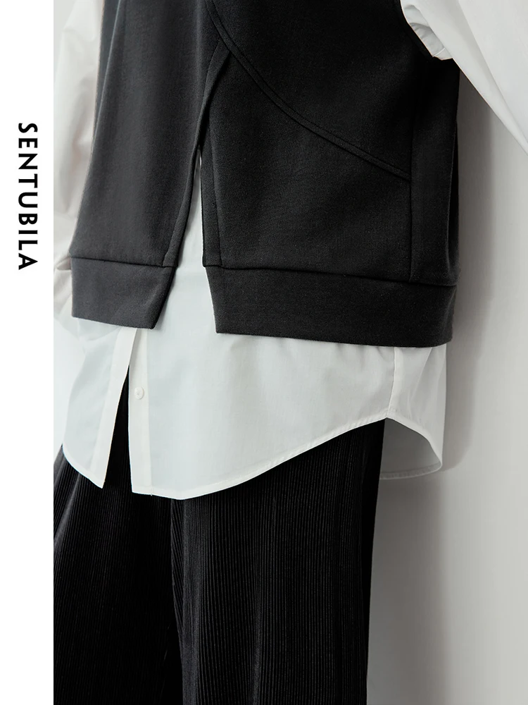 SENTUBILA 2 in 1 Oversized Sweatshirt Women Contrast Patchwork Long Sleeve Tops 2024 Spring Round Neck Female Pullover 141A53791