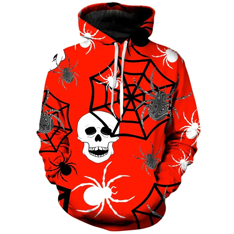 Halloween Spider Webs Graphic Hoodie Men 3D Printed Skull Sweatshirt Street Personality Cosplay Pullovers Loose Long Sleeve Tops