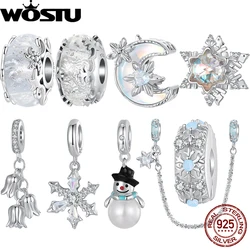 WOSTU 925 Sterling Silver Ice Crystal Charms Winter Murano Beads Pearl Pendant Original Fit for Women Necklace Xmas Jewelry Gift