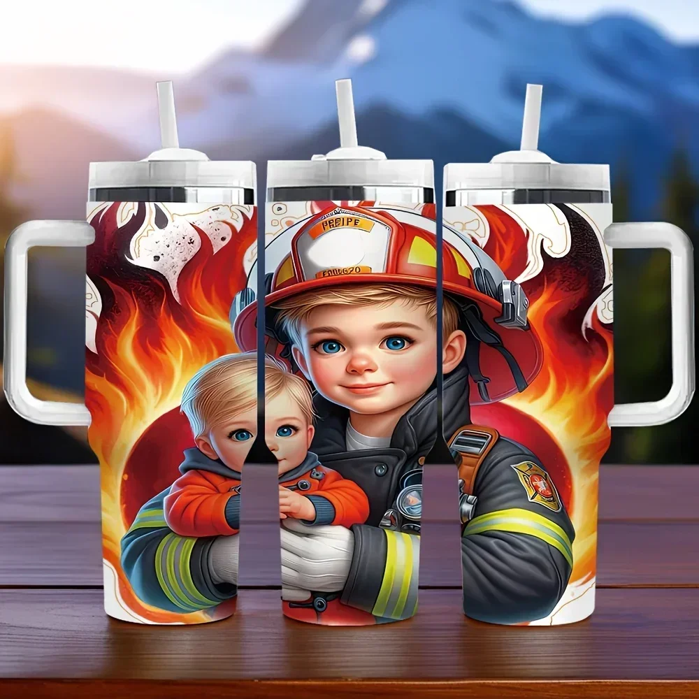 40oz Insulated Tumbler with Handle, Features Lovely Firefighter And Children Print, Offers Long Lasting Thermal Insulation, Perfect Holiday Birthday Gift for Firefighter Enthusiasts Daily Use And Outdoor Activities