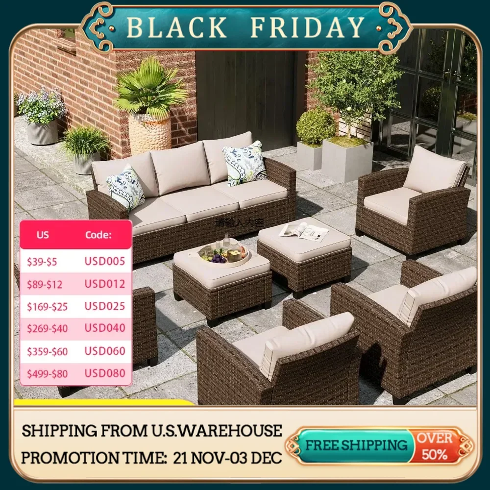 Patio Furniture Set, 7 Pieces Wicker Outdoor Conversation Set with 4