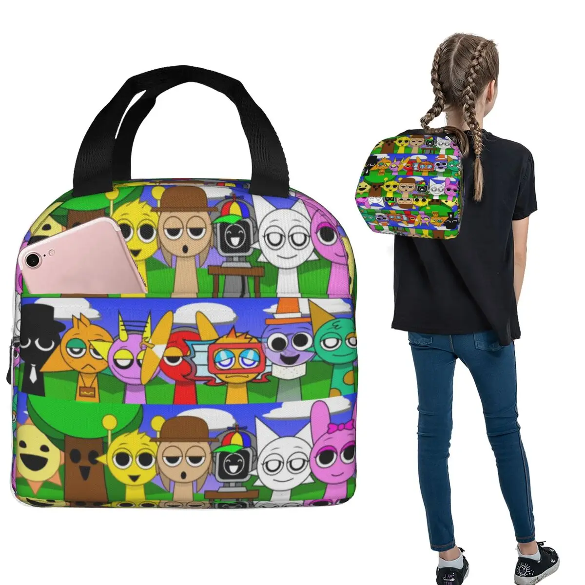 

Cartoon Game Sprunki Insulated Lunch Bag for Women Children Portable Food Boxes Thermal Lunch Box Tote