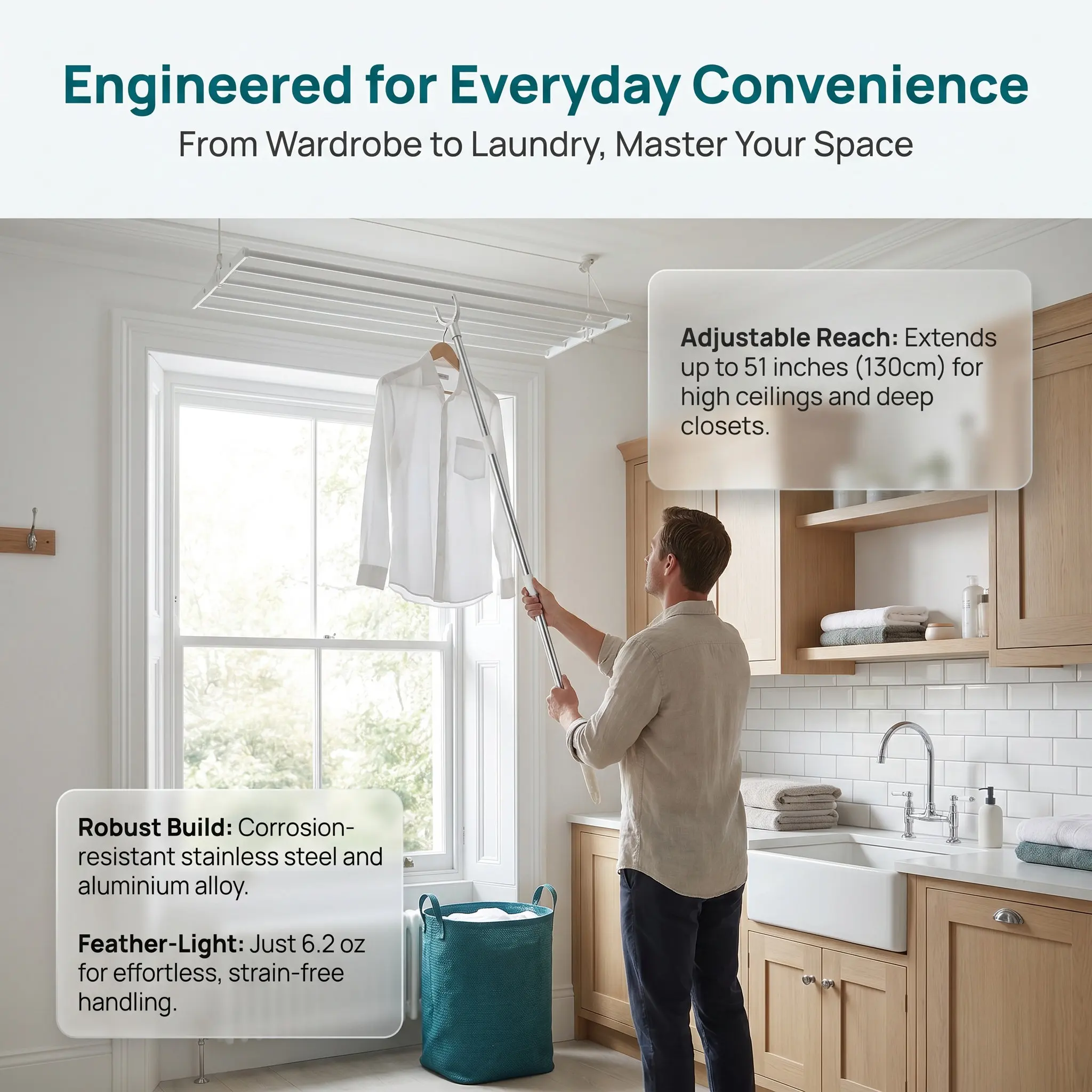 Household Clothes Drying Rod Premium Quality Adjustable Splicing Clothesline Pole Wide Range Use Clothes Hook Pole Balcony