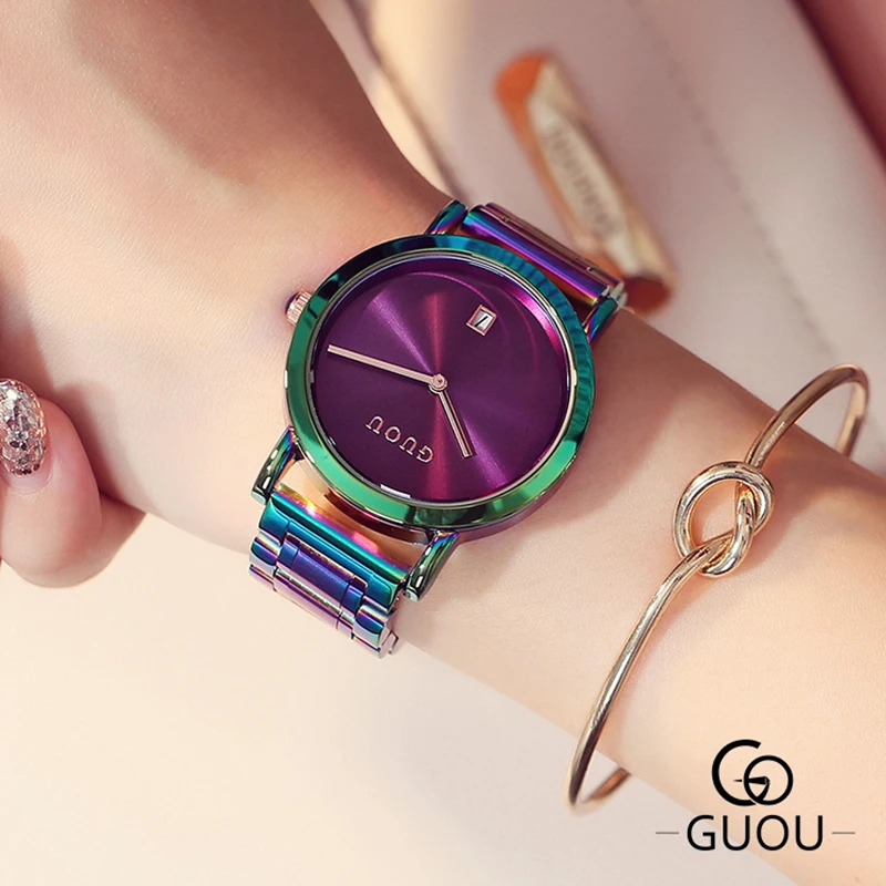 Fashion Guou Top Brand Colorful Rainbow Women Watches Luxury Stainless Steel Bracelet Reloj Mujer Ladies Watch Relogio Feminino