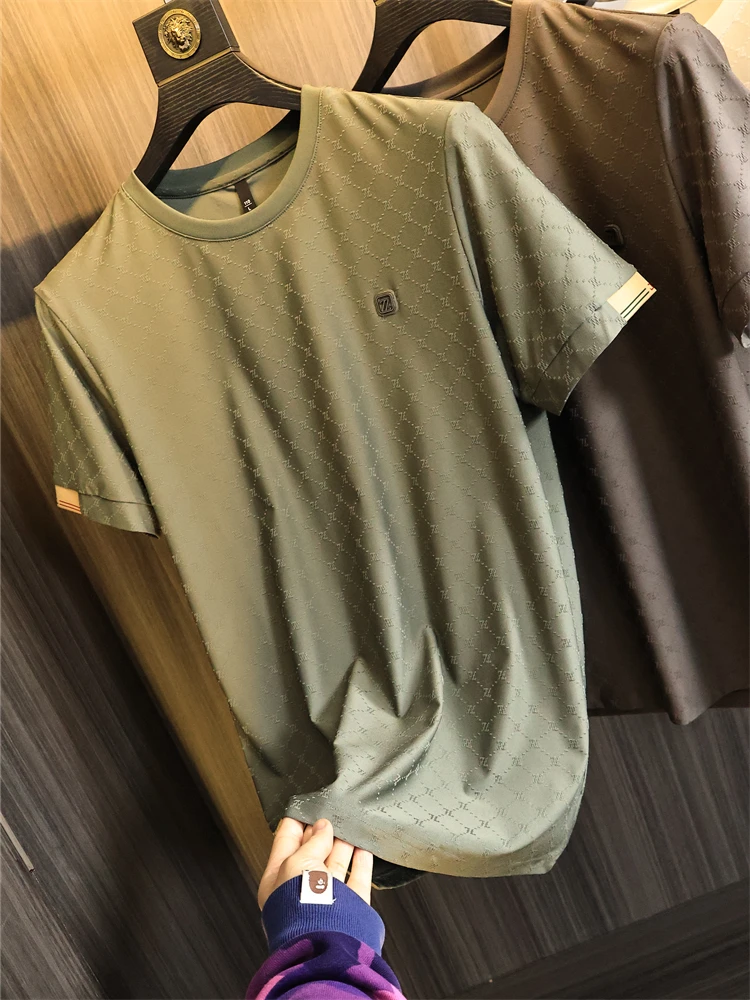  Texture T-Shirt Fabric round Neck Short Sleeve Men's Fashionable  Color Summer Top Quality Thread Embroidery