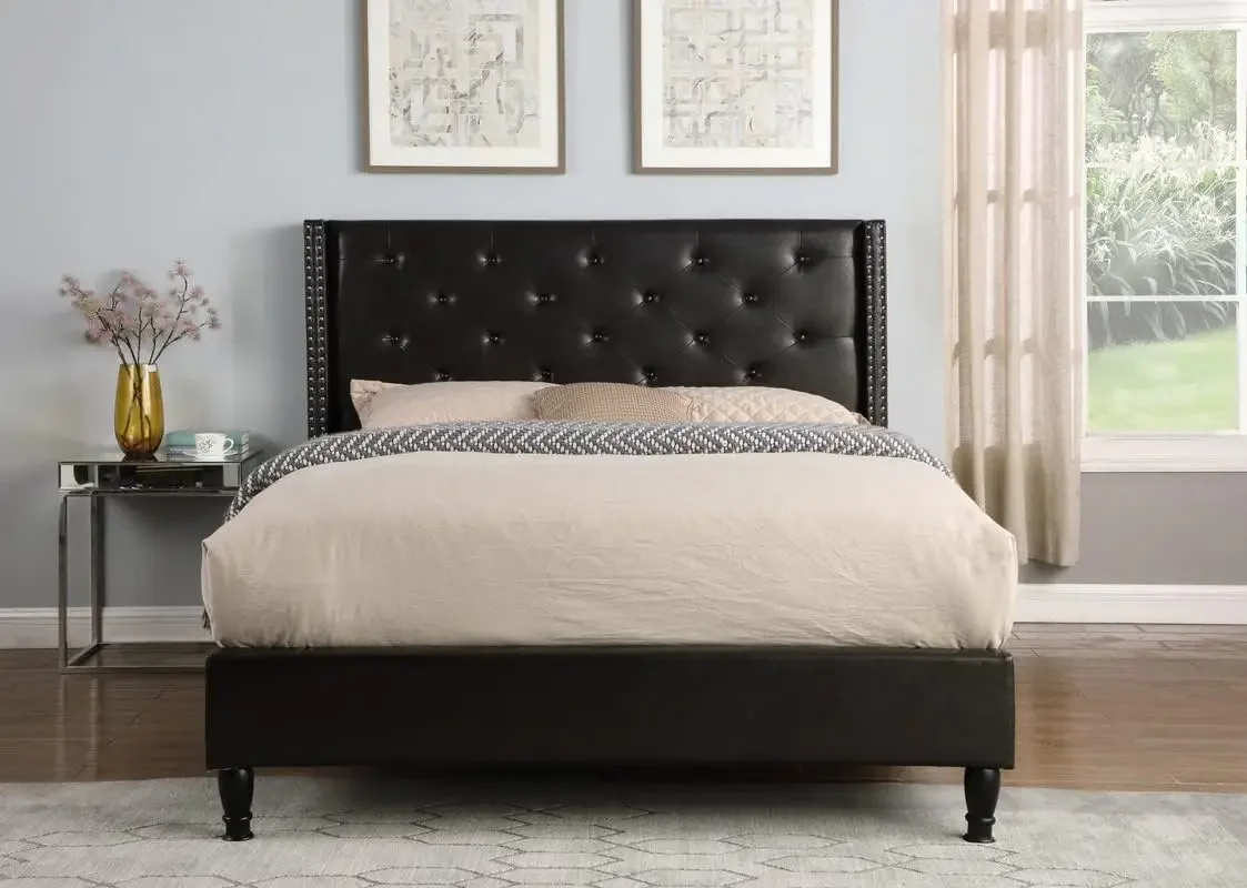 

Full Upholstered Platform Bed Frame with 51" Tall Headboard - Button Tufted Leather Bed - Wood Slat Support with Storage Space