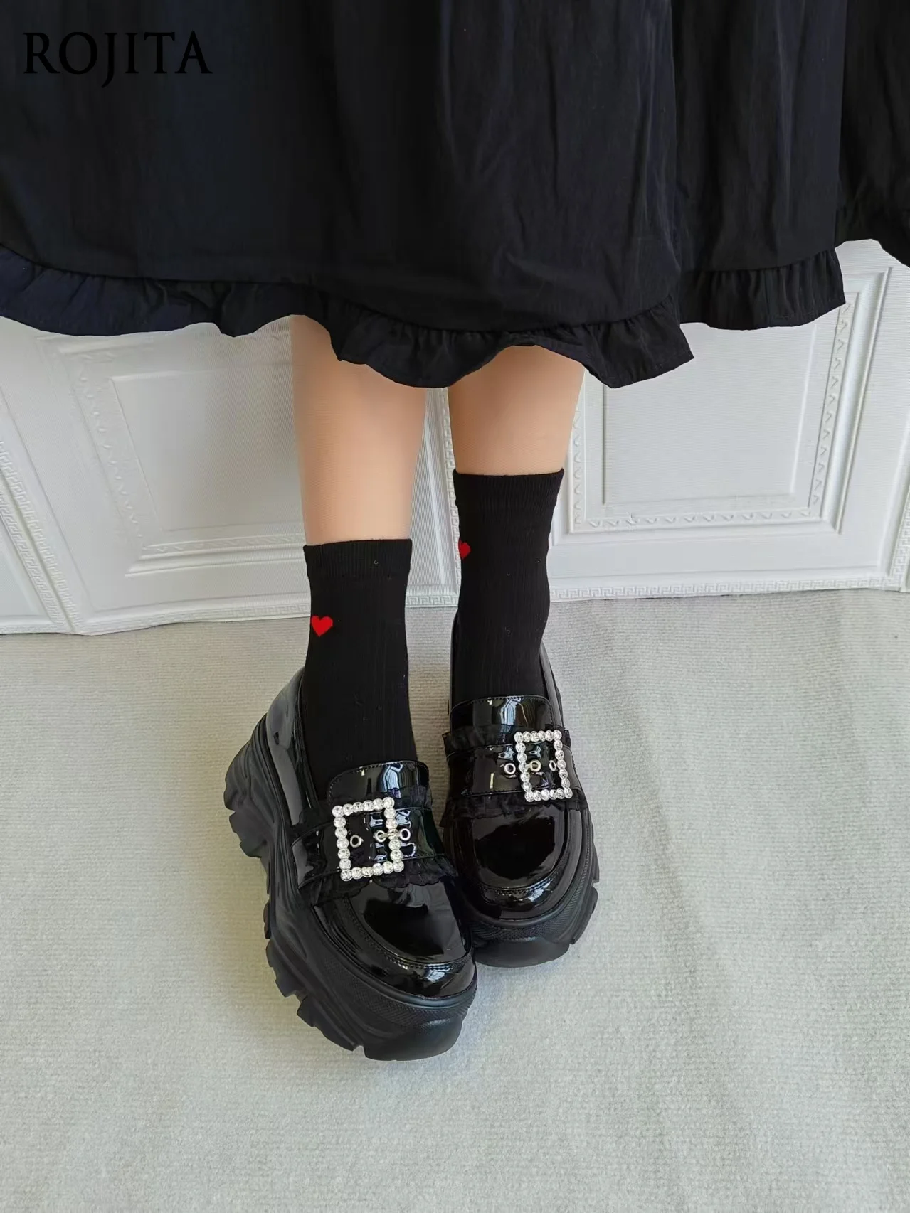 

Mine-based Patent Leather Lace Rhinestone Buckle Black Shoes Spring Autumn Women's Shoes Thick-soled Heightening Loafers