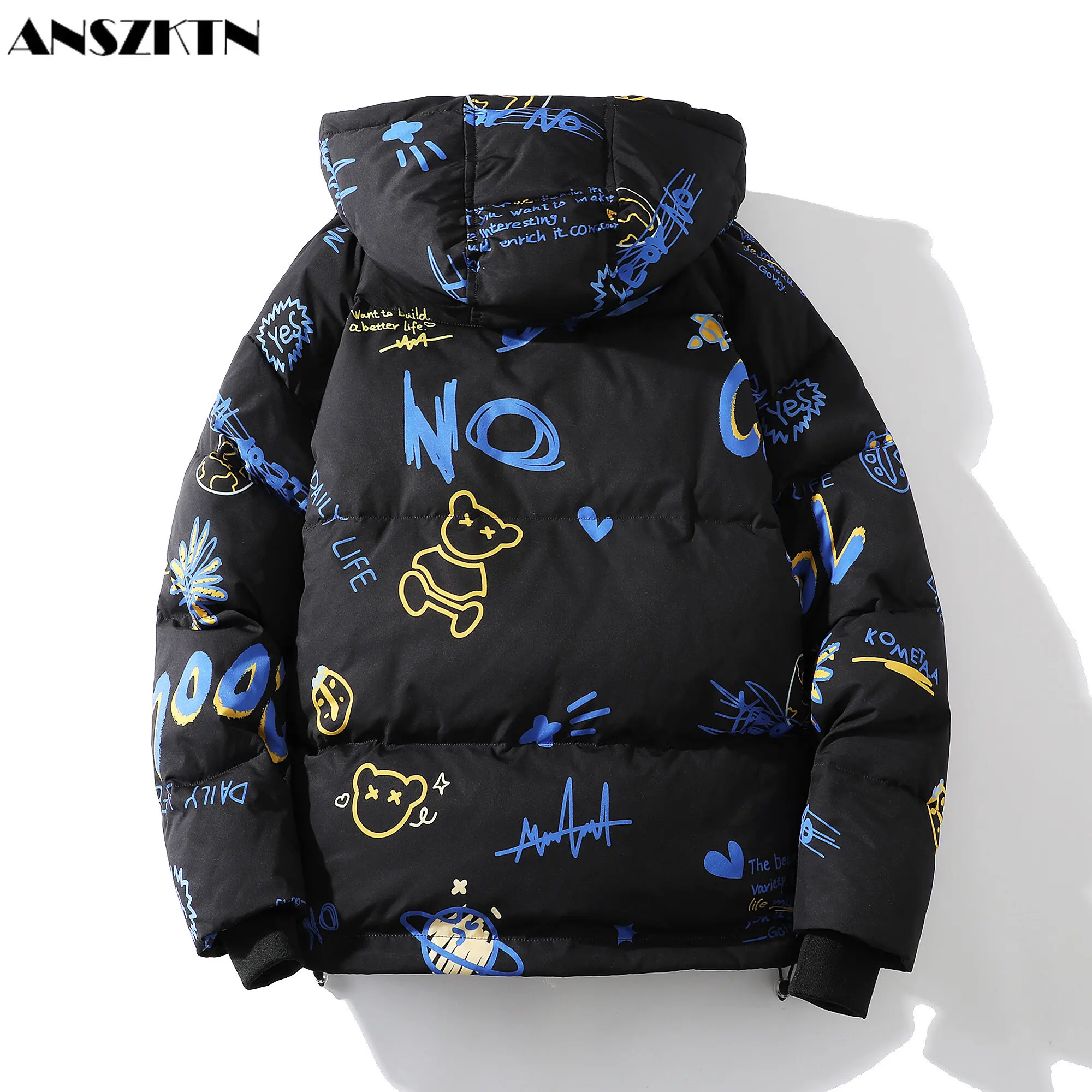 ANSZKTN ผู้ชายฤดูหนาวพิมพ์ผู้ชายตามสมัยนิยม 'S Hooded Puffer เบาะ Coat Casual Graffiti ขนมปังลงเสื้อ