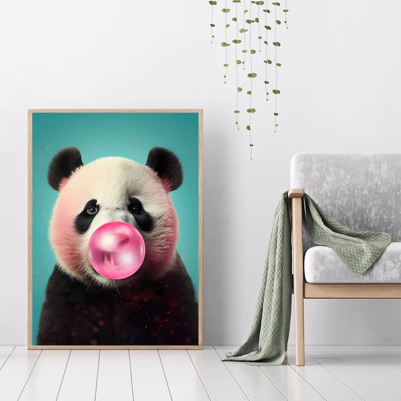 Cute Panda Blowing Bubbles Poster Graffiti Animals Art Print Canvas Painting Wall Pictures Living Room Room Home Decor Gift