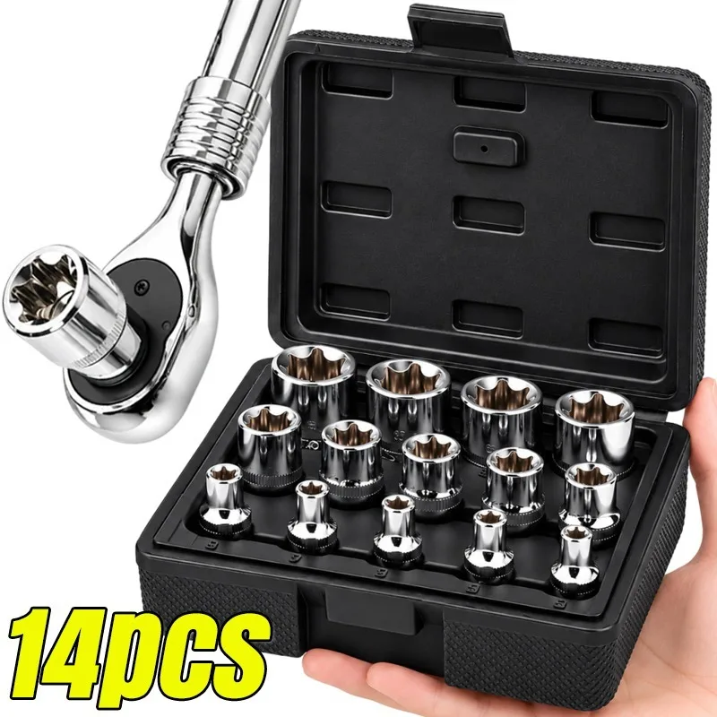 Set da 14 pezzi di bussole E-Torx femminili, bussole esagonali esterne con inserto per dado, con custodia per il trasporto, bussole per chiave a cricchetto, ideali per la riparazione di auto, utensili