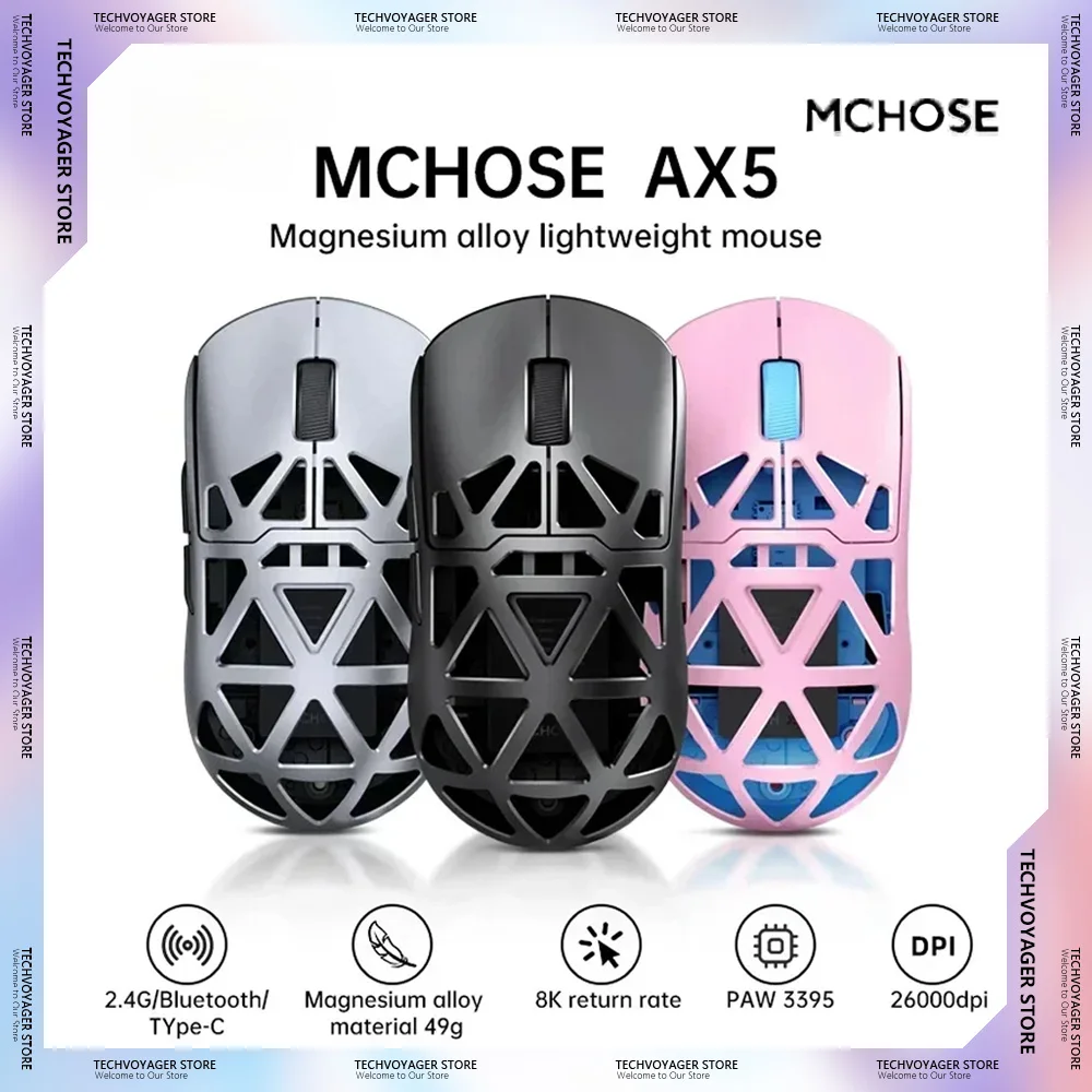 MCHOSE AX5 Magnesium Alloy Gaming Mouse Paw3395 Sensor  Low Latency Lightweight Wireless Customize Mice PC E-Sports Accessories