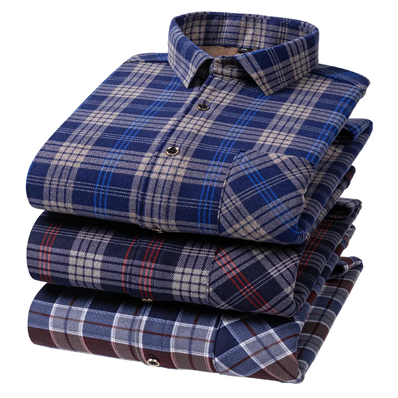 New Shirts For Man Fashion Plaid Autumn Winter Casual Business Men\'s Double-sided Fleece Plus Velvet Thick Warm Shirt Clothing