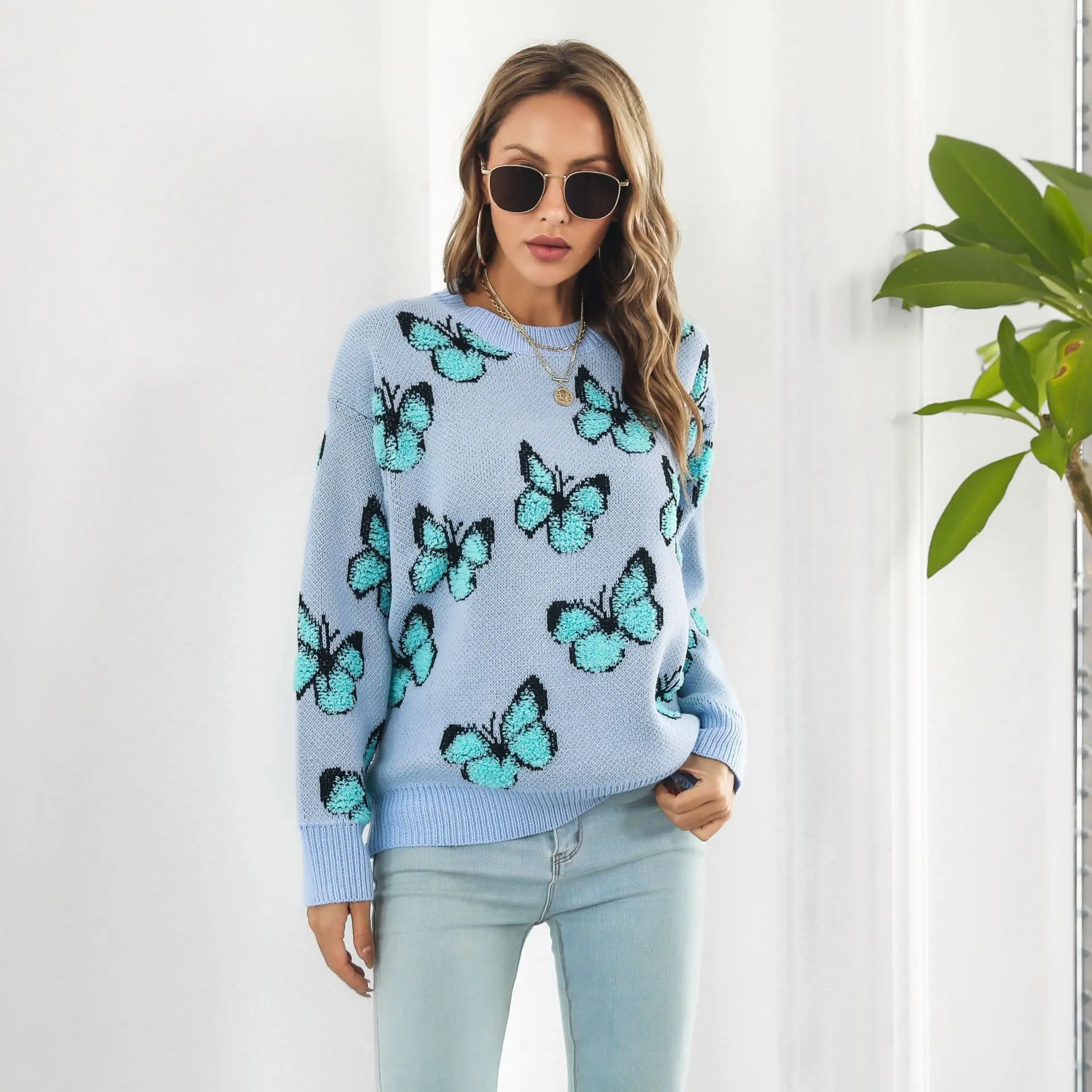 Women's Sweater 2025 Autumn Winter Y2k Butterfly Jacquard Ladies Sweater Casual Knitted Long Sleeve Tops Women's Pullovers