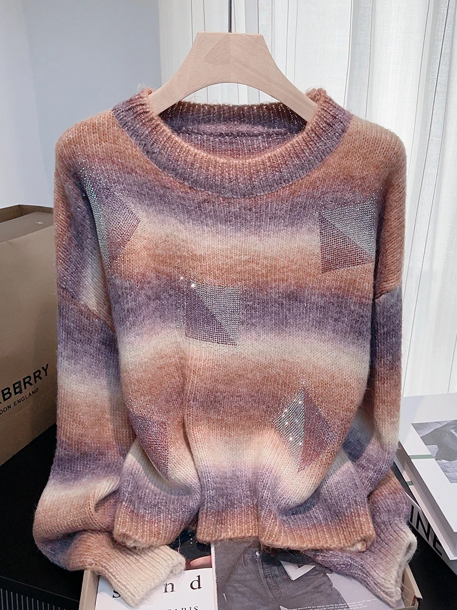 Fashion Gradient Color Round Neck Pullover Sweater For Women's Autumn Winter Soft Versatile Loose Base Knit Sweater Top New