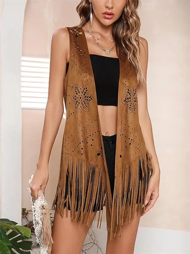 Chaqueta larga con flecos para mujer, chaleco Vintage de gamuza sintética sin mangas con borlas y parte delantera abierta, cárdigan, ropa de disfraz Hippie de los años 70
