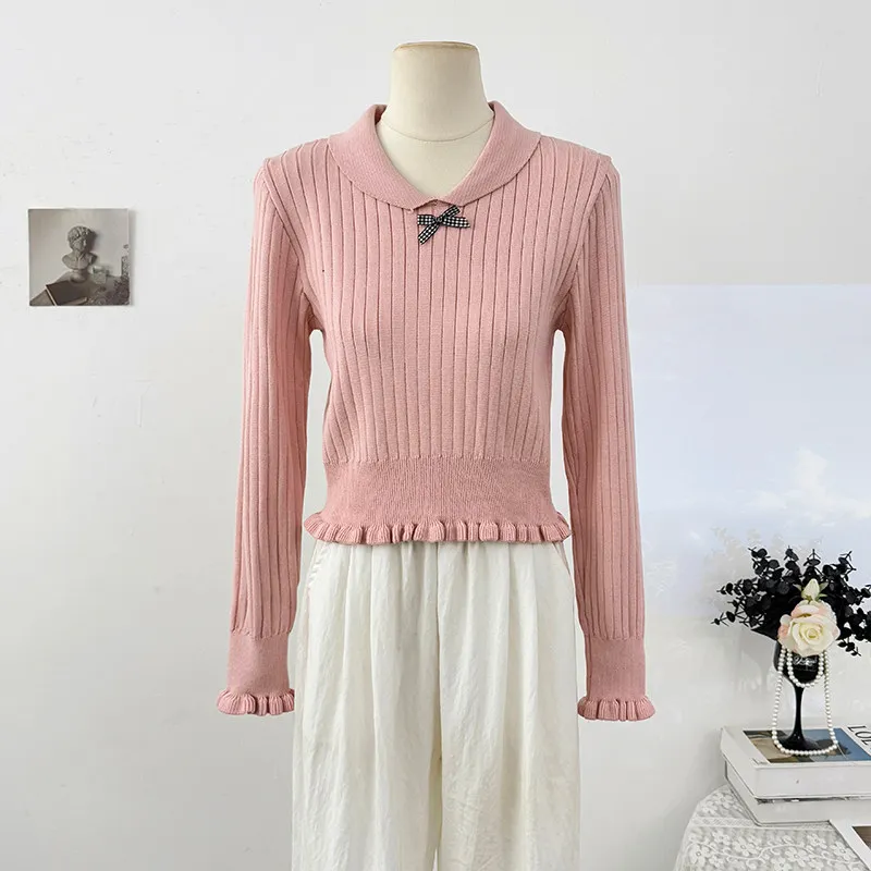 

Женская милая блузка, весенне-осенний галстук-бабочка, воротник Питера Пэна, вязаный свитер с длинными рукавами, рубашка, кружевной топ