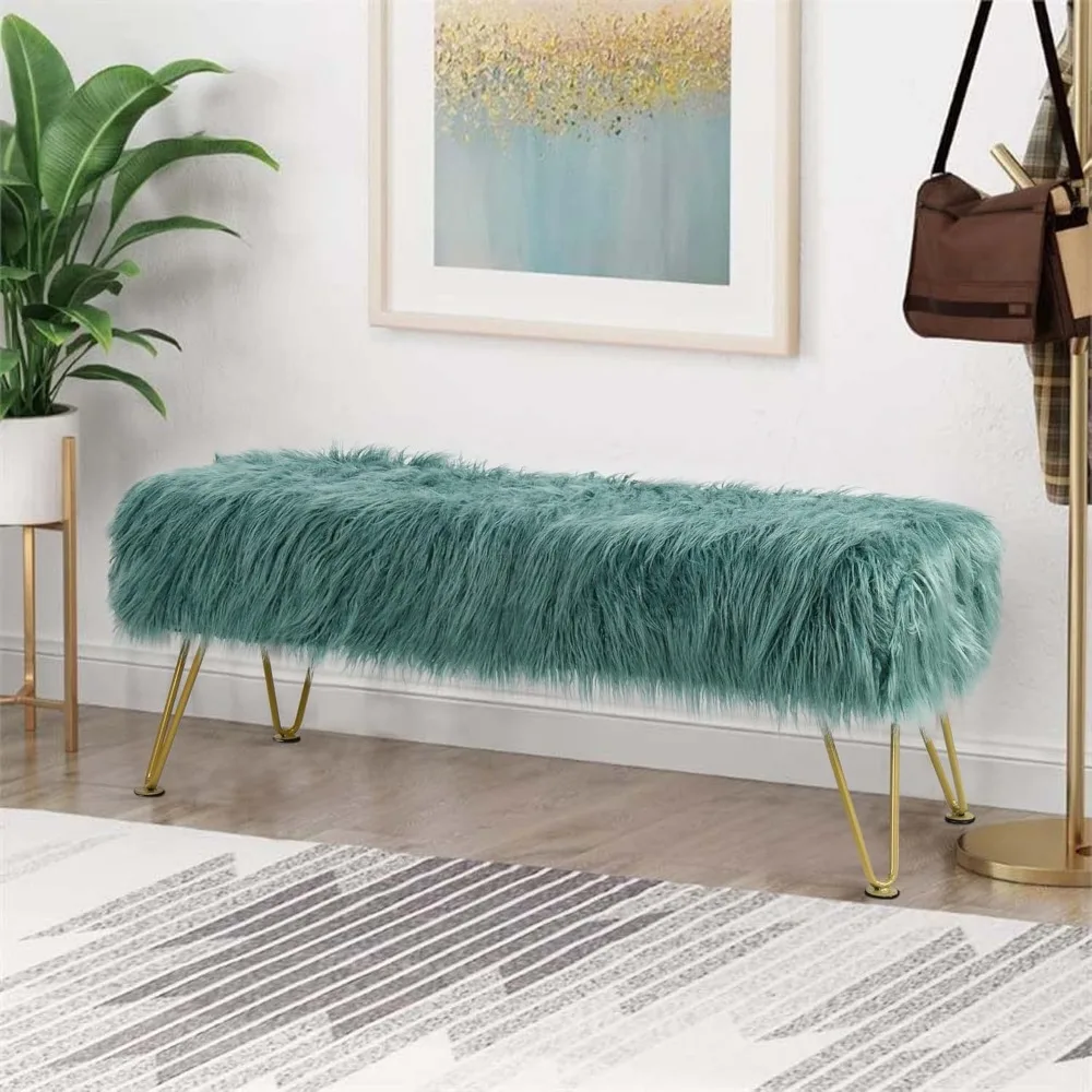 Stool, Green Blue Soft Plush Faux Fur Ottoman Entryway Bench Furry Footrest Stool 46