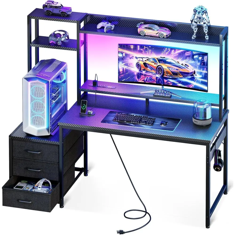 

48 Gaming Desk with Hutch, Fabric Drawers, USB Ports, LED Lights, Reversible Monitor Stand, Carbon Fiber Black