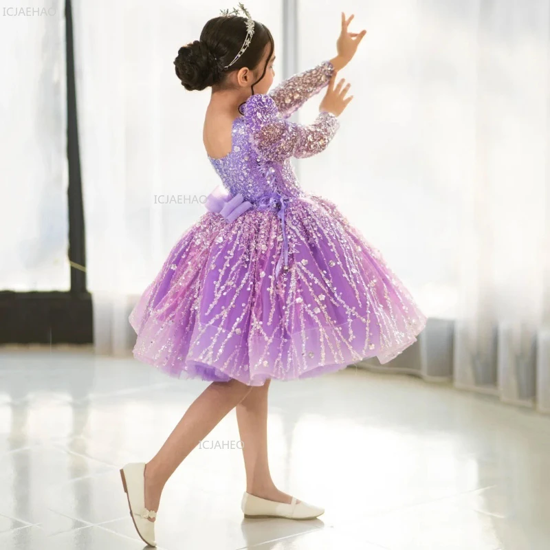 Purple Flower Girl Dress with Sequin Glitter Long Sleeve Tulle Party Pageant Formal Gown Clothes Bow Wedding Children Birthday