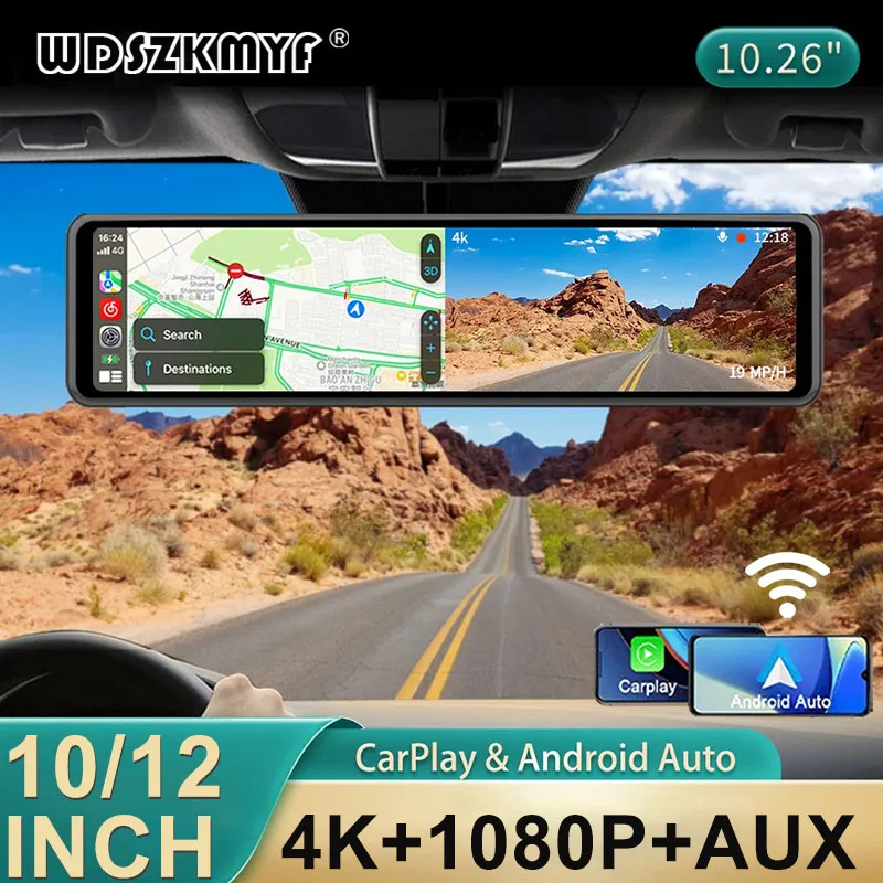 10/12Inch 4K Achteruitkijkspiegel Carplay & Android Autowifi Video Recorder Dashcam Voor Auto Dvr Gps Navigatie Achteruitrijcamera