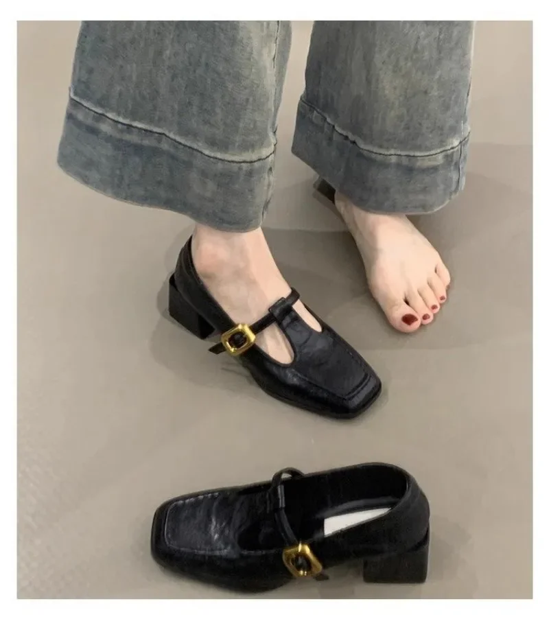 Women Square Toe T-Strap Mary Jane Shoes Gold Buckle Low Block Heel Soft Leather Vintage Ladies Fall Casual Dress Shoes