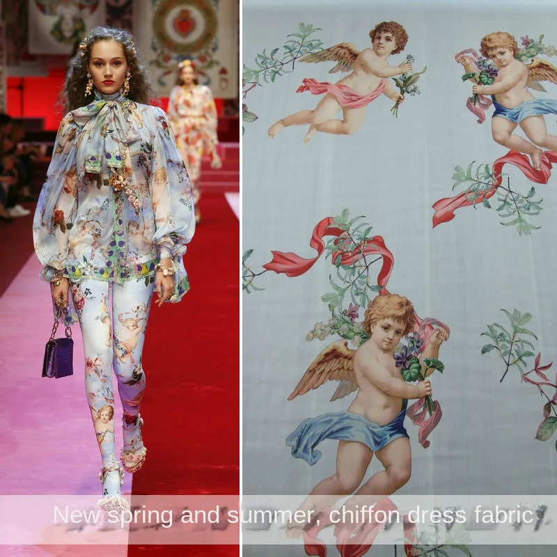 New Spring and Summer Cute Angel Print Chiffon Clothing Fabric Thin Drape Perspective Handmade DIY Dress Shirt Fabric