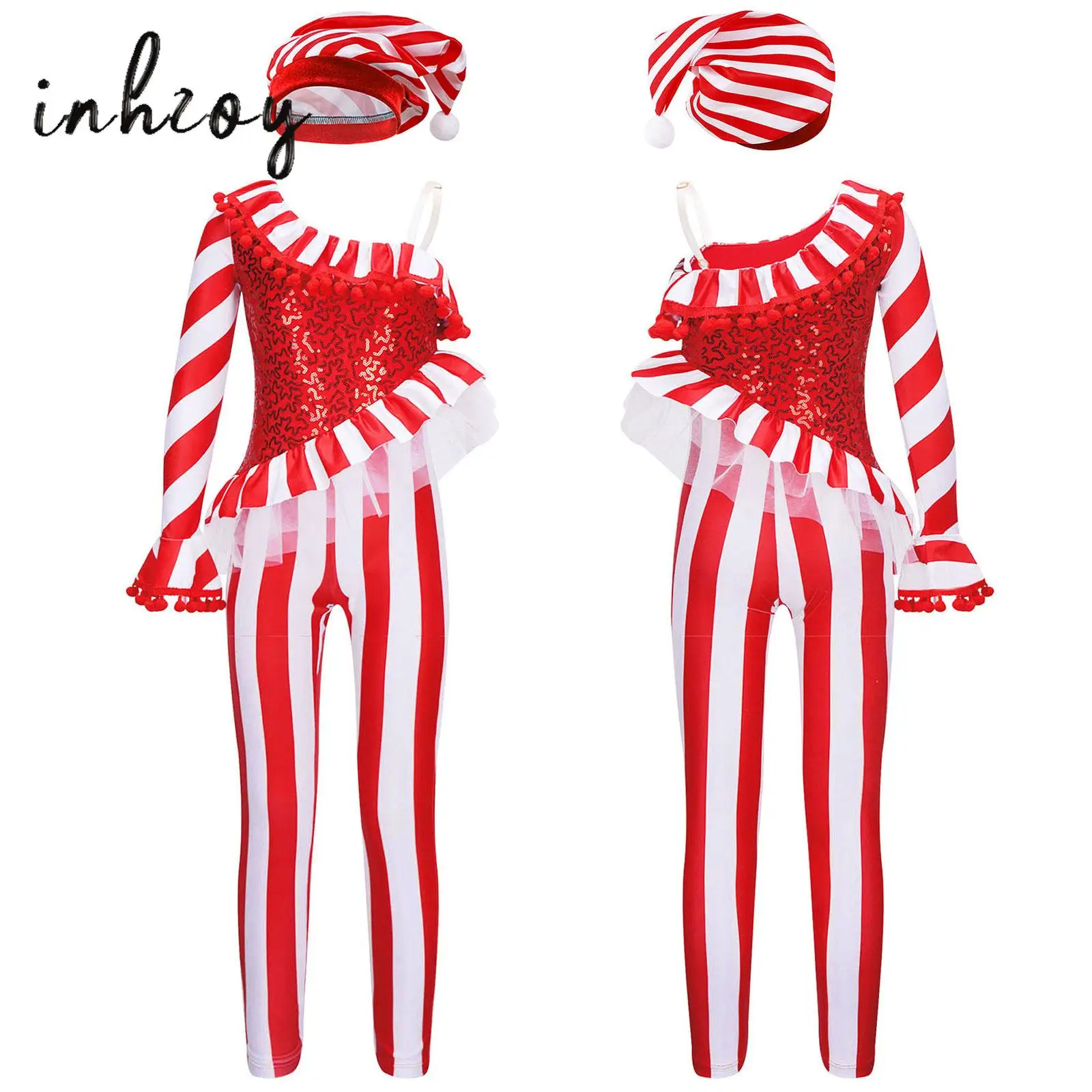 

Girls Christmas Candy Cane Bodysuit Sequins Ballet Dance Gymnastics Leotard Xmas New Year Party Jumpsuit Performance Costume