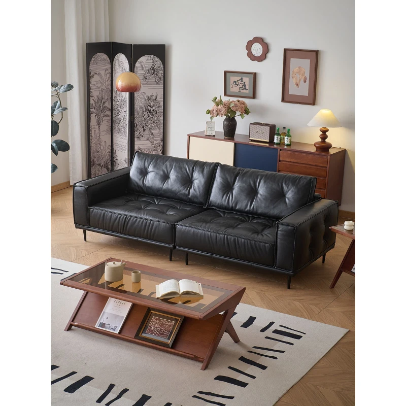

Medieval oil wax leather sofa household living room small apartment straight row French retro light luxury tofu block leather