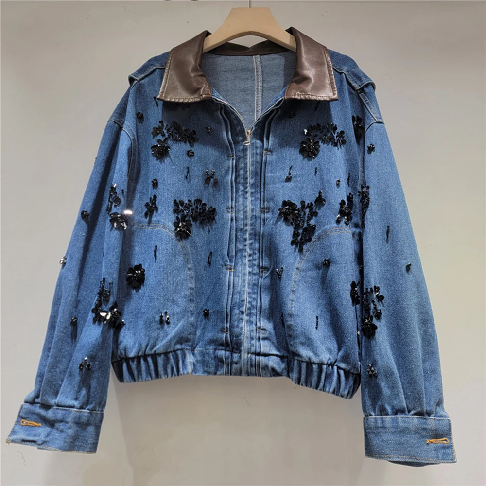 Color Blocked PU Leather Collar Denim Coat Women Heavy Industry Diamond Studded 2026 New Style Loose Long Sleeve Cowboy Jacket