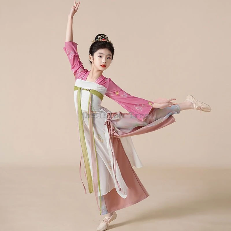 2024 klassisches Tanzkleid für Kinder im chinesischen Stil, fließendes Übungskleid, Performance-Kleid, Mädchenkörper, Reim, Gaze-Kleid, Kostüm