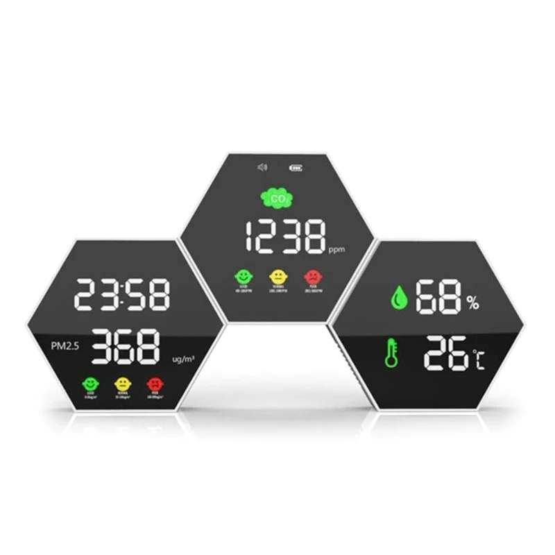 

Wall-Mounted Air Quality Detector with Alarm for Time Display PM2.5 CO2 Temperature & Humidity Meter Tester Hexagon Mete