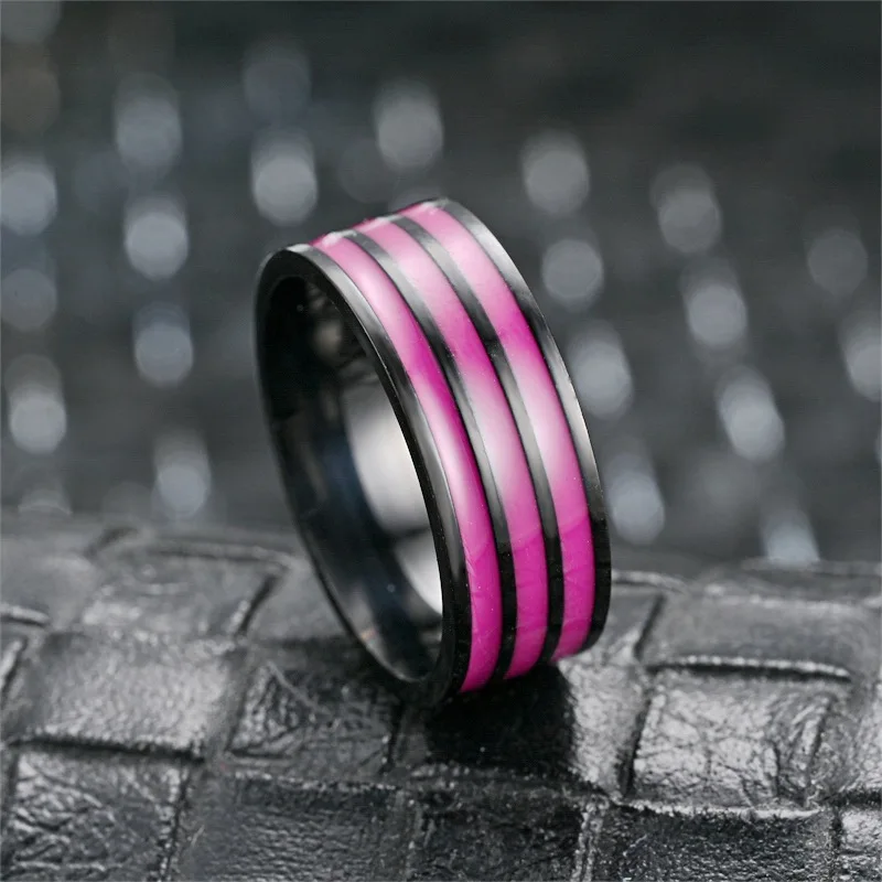 Fashion 8mm Women's Charm Ring with Stainless Steel Groove White Blue Purple Stripe Enamel for Couple Engagement Wedding Jewelry