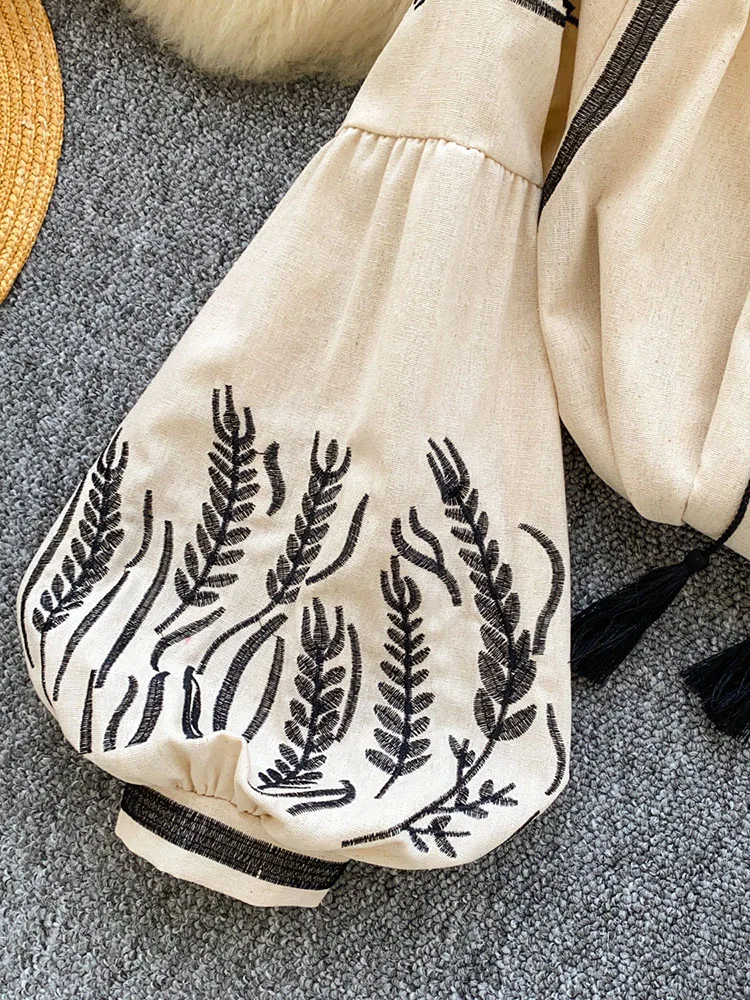 Women Bohemian-style Blouse Embroidered Lantern Sleeve Loose Early Spring Shirt Relaxed Fit Flattering Vintage-Design Top BL330 view 6