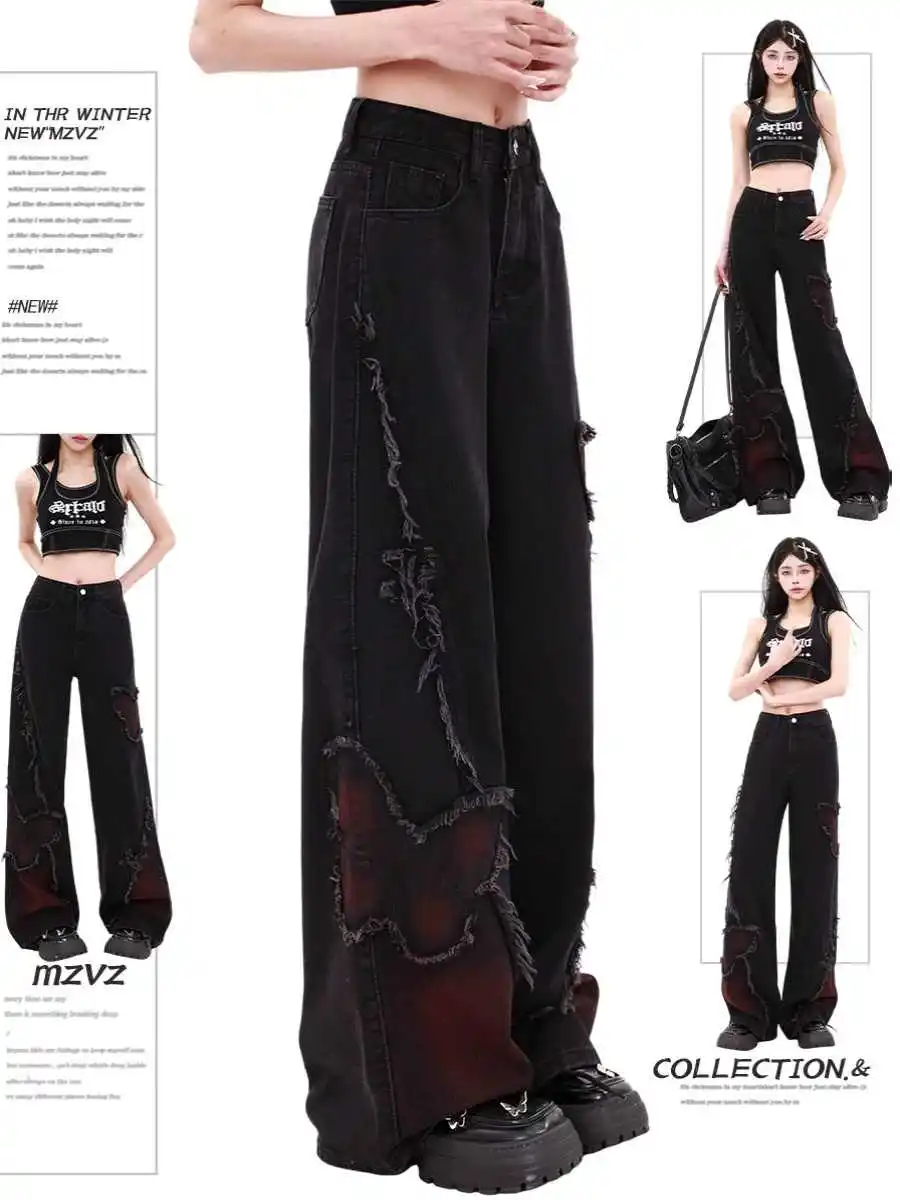 

Black Womens Jeans High Waist Vintage Straight Baggy Denim Pants Street 90S Y2K Design Sense Wide Leg Large Size Denim Trouser