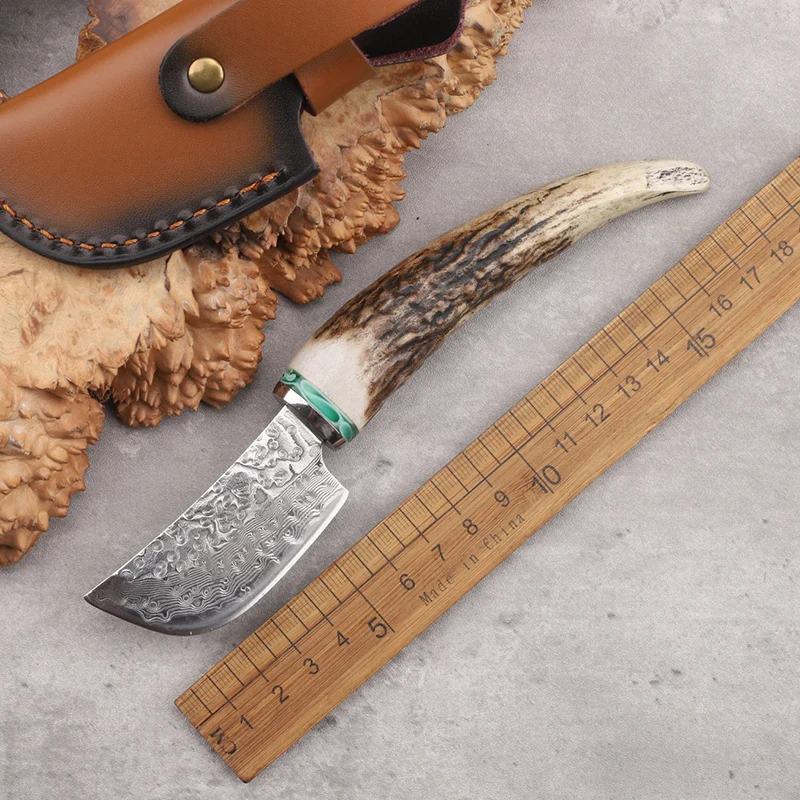 

Damascus Steel Deer Horn Handle Fixed Knife Outdoor Camping Survival Fishing Fruit Carving Tool