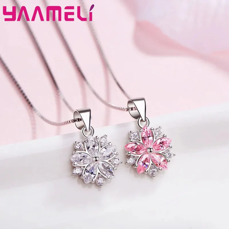 925 Sterling Silver Pendant Necklaces Delicate Pink Cherry Blossom Crystal Zircon Necklace for Women Girls Party Jewelry Gift
