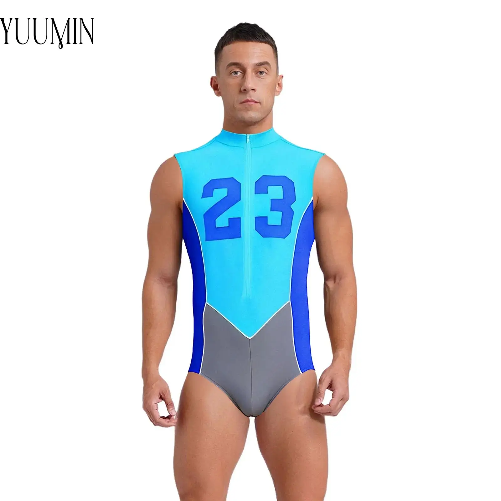 Einteiliger Badeanzug-Body für Herren, ärmellos, mit Reißverschluss vorne, Nummern bedruckt, Farbblock-Trikot für Radfahren, Laufen, Workout, Übung