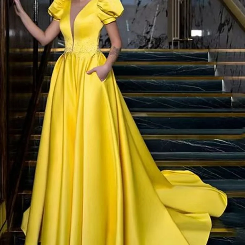 2024 Europe and America Border New Large Yellow LongHigh Waist Fashion Evening Dress